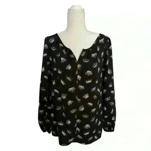 Thakoon Black Long Sleeve Tunic Blouse with Gray Crown Print Size S